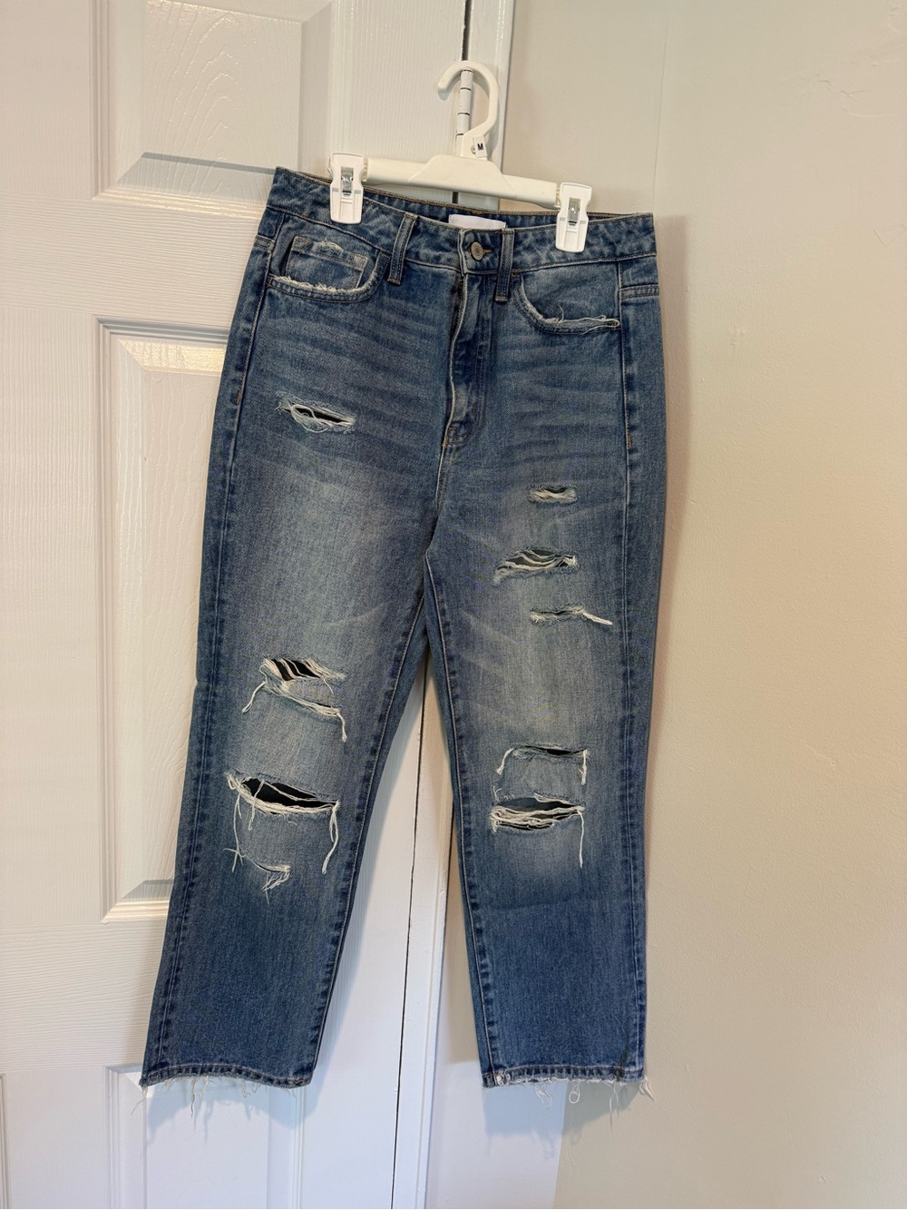 High-Rise Straight Leg Distressed Jeans - Blue - Picture 2 of 5
